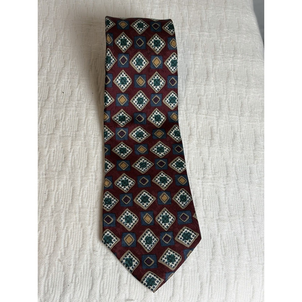 Woodward Mens Red, Green, Blue Geometric Print All Silk Made Italy Necktie
